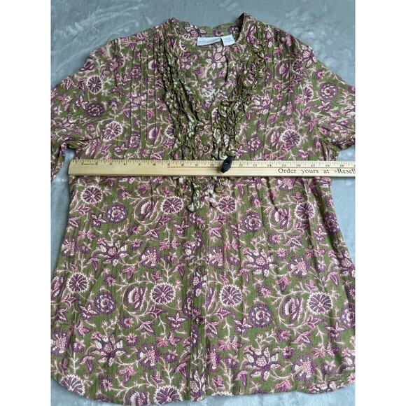 Soft Surroundings Top Womens Small Green Purple Floral Ruffle V Neck Button Down - Picture 10 of 14